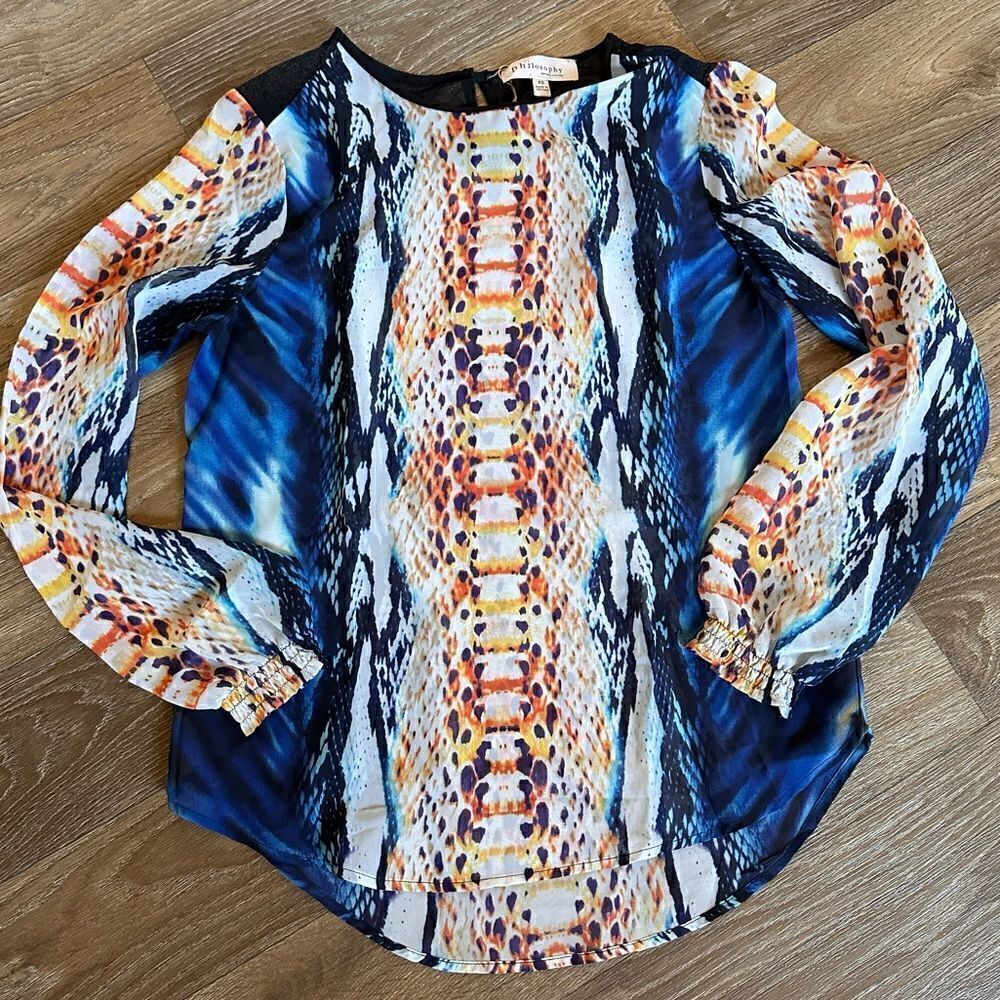 Philosophy Long Sleeve XS Blouse Multicolored Blue Snake Print
